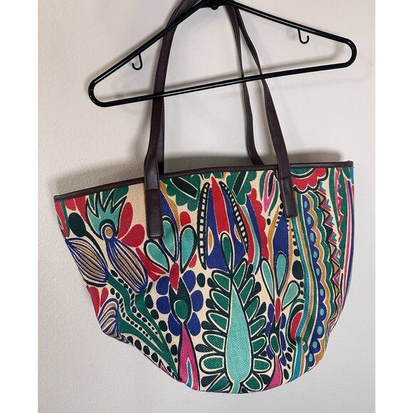 ๐ Neiman Marcus Womens Straw Bag Large Open Beach Floral Boho - Picture 4 of 6